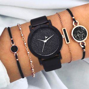 Glitter Dial Pointer Watch & 4pcs Bracelet Set